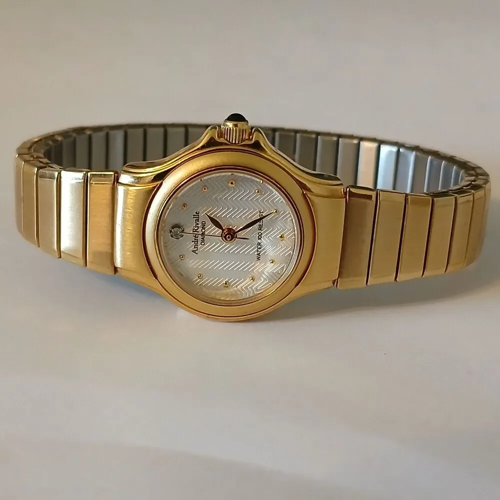 VTG 90s Andre Rivalle Diamond Women's Gold Tone Stretch Band Quartz Watch 22mm